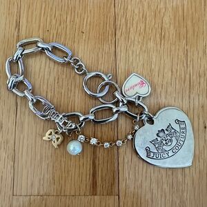Juicy Couture Silver Tone Charm Bracelet Hearts Pearl Bow
